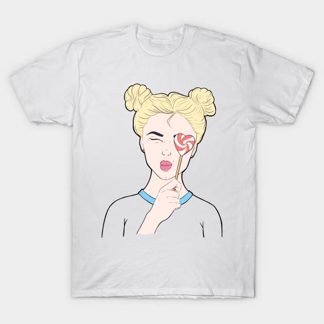 Girl blonde with a heart-shaped lollipop T-Shirt by Noya_Bur